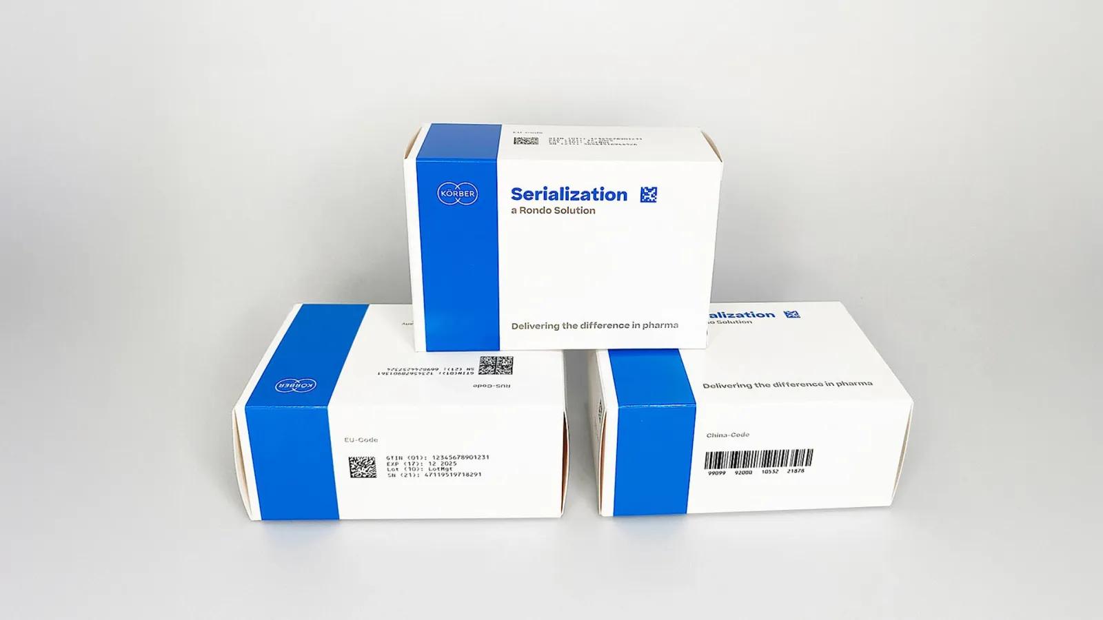 三​个​带​有​序列化​标签​和​条形码​的​药品​包装盒，​展示​了​PA​S-X​追踪​追溯​系统。